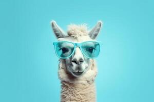 Cute Funny Lama in Sunglasses. Illustration AI Generative photo