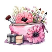 Pink Cosmetic Bag Watercolor. Illustration AI Generative photo