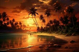 Tropical Palm Sunset Background. Illustration AI Generative photo