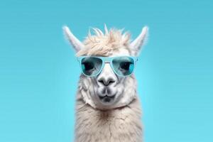 Cute Funny Lama in Sunglasses. Illustration AI Generative photo