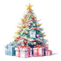 Watercolor Christmas Tree with Gifts. Illustration AI Generative photo