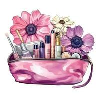 Pink Cosmetic Bag Watercolor. Illustration AI Generative photo