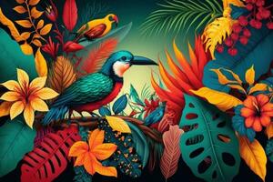 Tropical Vivid Background with Flower and Birds. Illustration AI Generative photo