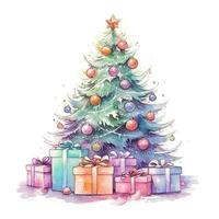 Watercolor Christmas Tree with Gifts. Illustration AI Generative photo