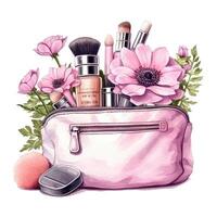 Pink Cosmetic Bag Watercolor. Illustration AI Generative photo