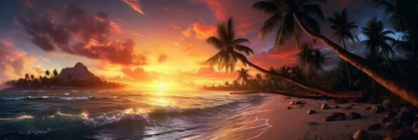 Tropical Palm Sunset Background. Illustration AI Generative photo