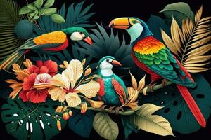 Tropical Vivid Background with Flower and Birds. Illustration AI Generative photo