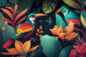 Tropical Vivid Background with Flower and Birds. Illustration AI Generative photo