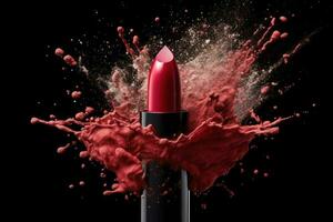 Lipstick with powder splash. Illustration AI Generative photo