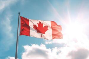 Canada flag on blue sky background. Illustration AI Generative photo