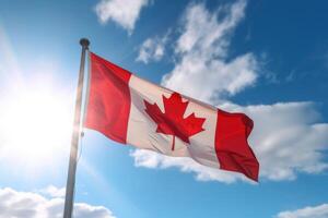 Canada flag on blue sky background. Illustration AI Generative photo