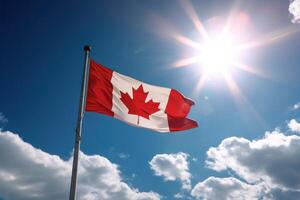 Canada flag on blue sky background. Illustration AI Generative photo