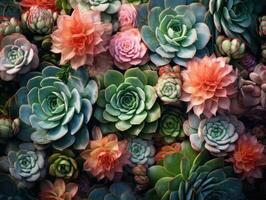 Collage of pink, green, and brown succulents. Illustration AI Generative photo