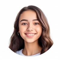 Portrait of smiling young girl for profile picture. Illustration Generative AI photo