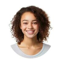 Portrait of smiling young girl for profile picture. Illustration Generative AI photo
