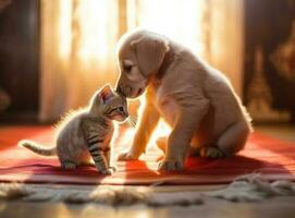 Cute Puppy and Cat. Illustration AI Generative photo
