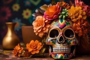 Day of the dead, Dia de los muertos holiday poster. Illustration AI Generative photo