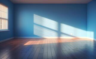 An empty room with blue walls and hardwood floor Illustration AI Generative photo