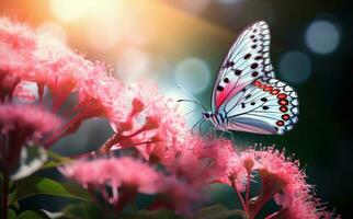 Pink flowers with butterfly. Illustration AI Generative photo