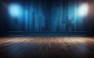 An empty room with blue walls and hardwood floor Illustration AI Generative photo