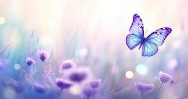 Butterfly on purple meadow. Illustration AI Generative photo