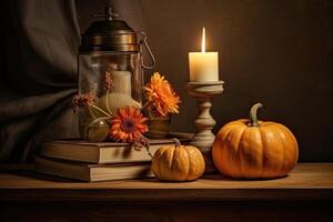 Autumn cozy background with candles. Illustration AI Generative photo