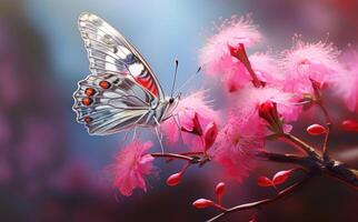 Pink flowers with butterfly. Illustration AI Generative photo