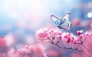 Pink flowers with butterfly. Illustration AI Generative photo