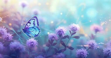 Butterfly on purple meadow. Illustration AI Generative photo