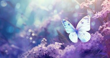 Butterfly on purple meadow. Illustration AI Generative photo