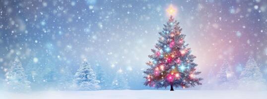 Blue winter background with Christmas tree. Illustration AI Generative photo