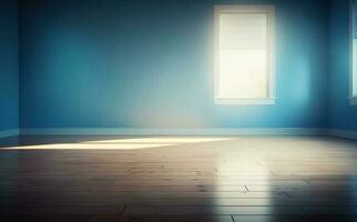 An empty room with blue walls and hardwood floor Illustration AI Generative photo