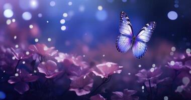 Butterfly on purple meadow. Illustration AI Generative photo