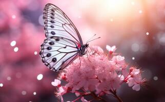 Pink flowers with butterfly. Illustration AI Generative photo