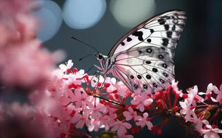 Pink flowers with butterfly. Illustration AI Generative photo