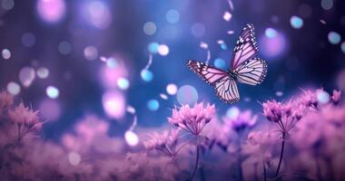 Butterfly on purple meadow. Illustration AI Generative photo