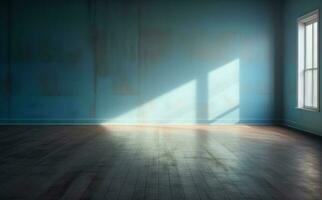 An empty room with blue walls and hardwood floor Illustration AI Generative photo