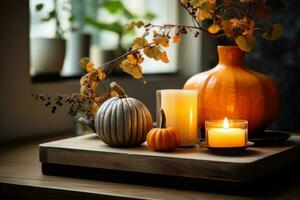 Autumn cozy background with candles. Illustration AI Generative photo