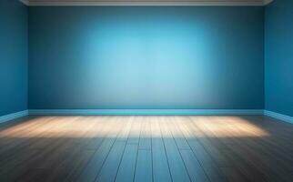 un vacío habitación con azul paredes y madera dura piso ilustración ai generativo foto