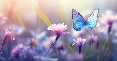 Butterfly on purple meadow. Illustration AI Generative photo