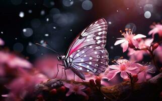 Pink flowers with butterfly. Illustration AI Generative photo