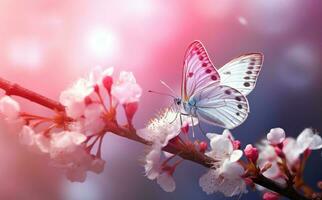 Pink flowers with butterfly. Illustration AI Generative photo