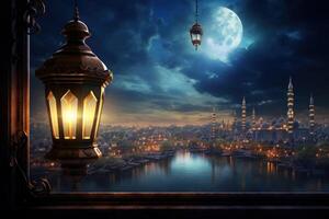 Ramadan background with lantern. Illustration AI Generative photo