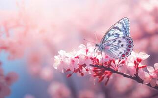 Pink flowers with butterfly. Illustration AI Generative photo