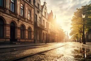 antiguo calles en europeo ciudad, antiguo ciudad, ilustración ai generativo foto