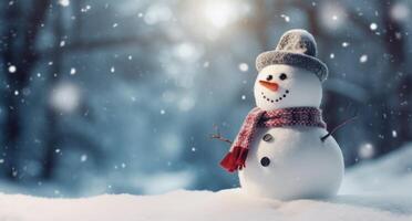 Winter background with snowman. Illustration AI Generative photo