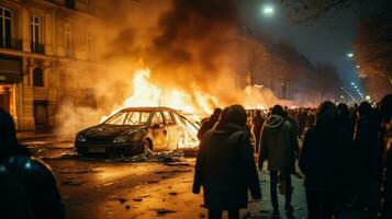 Riots, protesters burn cars. Illustration AI Generative photo