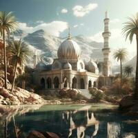 Muslim mosque and waterfall, Illustration AI Generative photo