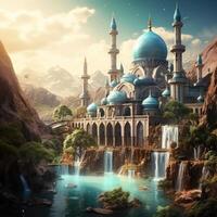 Muslim mosque and waterfall, Illustration AI Generative photo