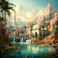 Muslim mosque and waterfall, Illustration AI Generative photo